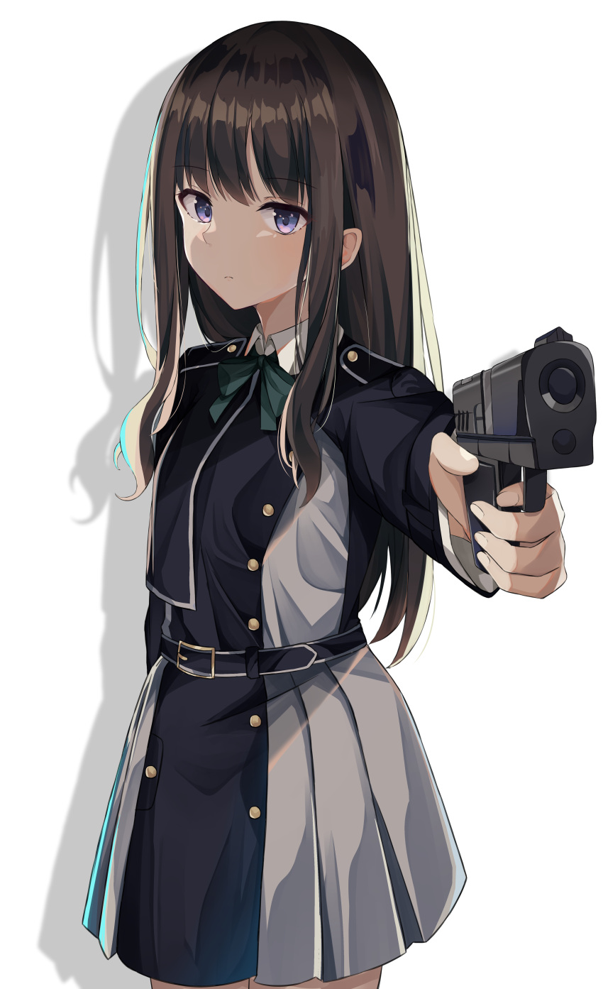 1girl absurdres bangs black_dress black_hair bow closed_mouth commentary dress drop_shadow green_bow grey_dress gun handgun highres holding holding_gun holding_weapon inoue_takina long_hair long_sleeves looking_at_viewer lycoris_recoil lycoris_uniform norazura pleated_dress simple_background solo two-tone_dress very_long_hair violet_eyes weapon white_background