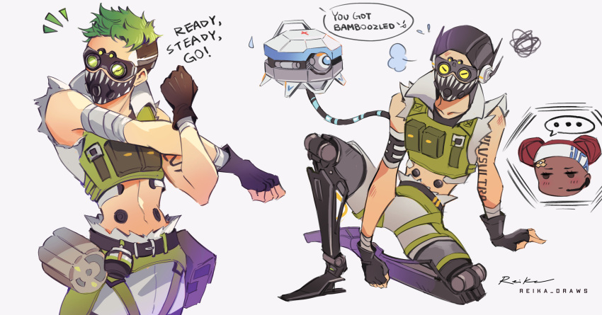 1boy 1girl absurdres annoyed apex_legends brown_eyes cable collarbone cropped_vest d.o.c._health_drone dark-skinned_female dark_skin english_text goggles green_hair green_vest grey_shorts headband headset highres lifeline_(apex_legends) male_focus mask mechanical_legs midriff mouth_mask multiple_views navel non-humanoid_robot octane_(apex_legends) redhead robot shiro-hane shorts sitting speech_bubble squiggle stretching sweatdrop undercut vest white_headband