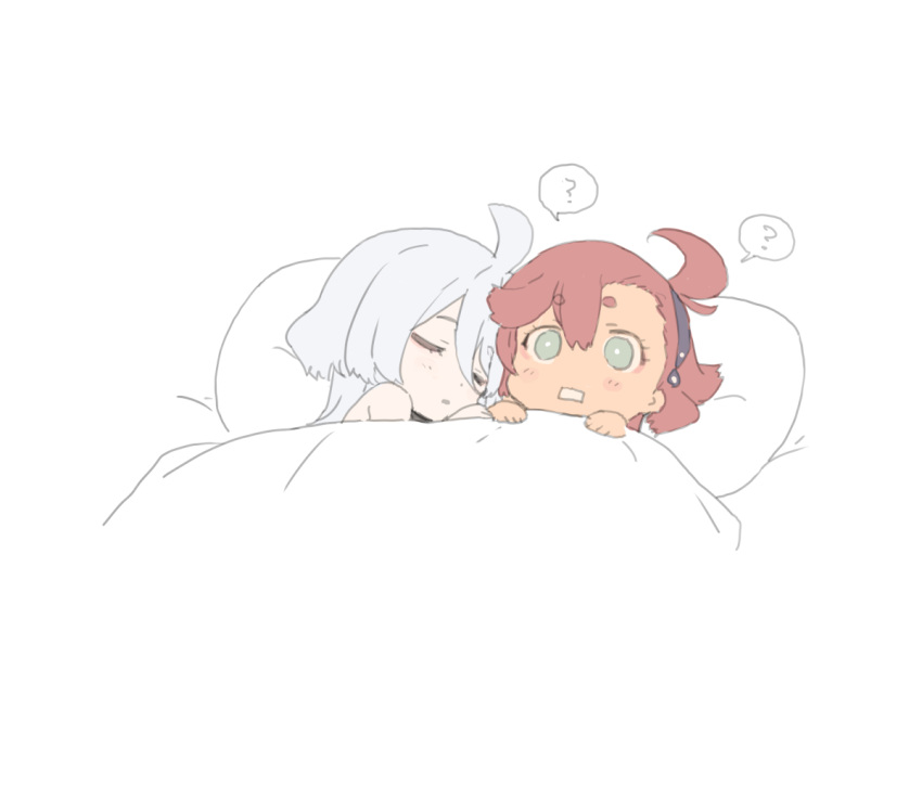 2girls ? ?? ahoge bed blade_(galaxist) blank_stare blanket blush closed_eyes gundam gundam_suisei_no_majo hairband miorine_rembran multiple_girls open_mouth pillow redhead sleeping suletta_mercury white_hair wide-eyed yuri