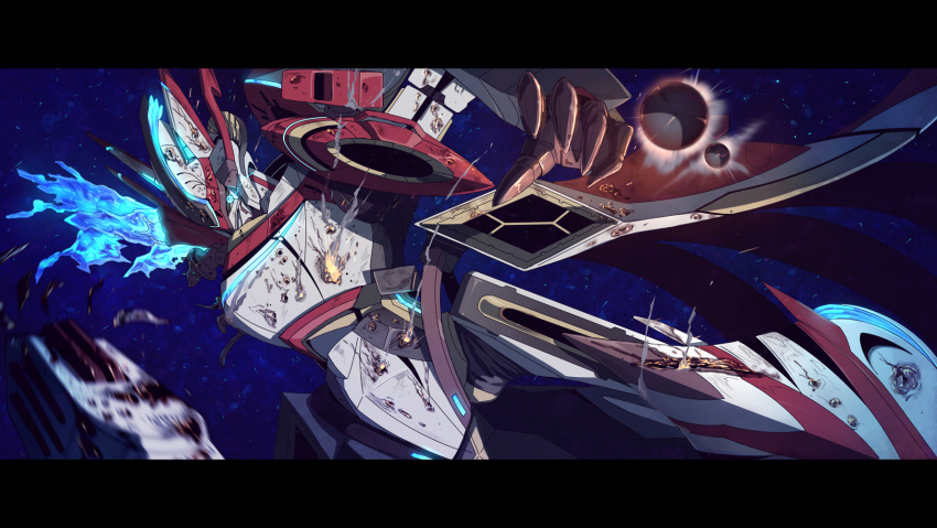 blue_eyes bullet bullet_hole damaged glowing glowing_eye head_tilt highres letterboxed looking_at_viewer majestic_prince mecha no_humans open_hand red_five robot science_fiction severed_arm severed_limb solo space sts