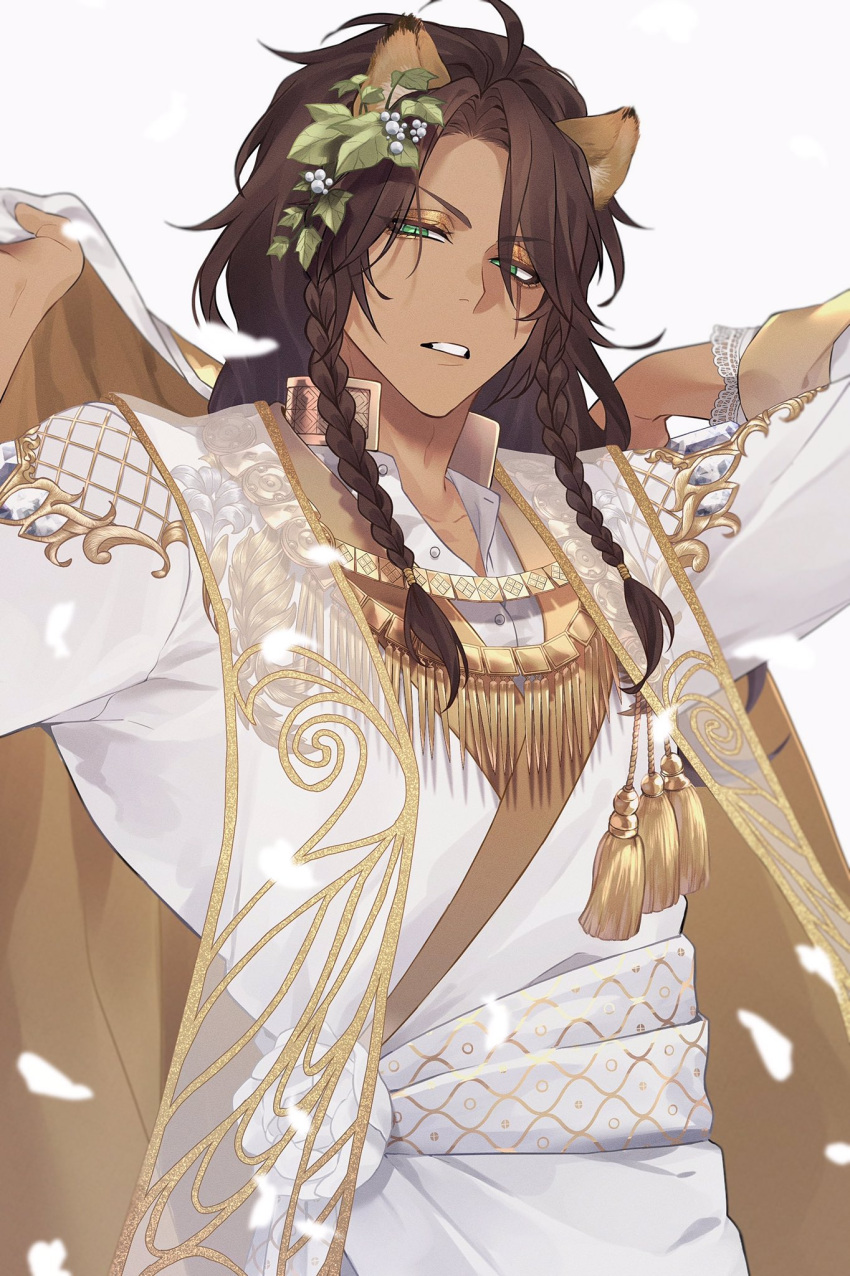 1boy ahoge animal_ears arms_up braid brown_hair cape dark-skinned_male dark_skin green_eyes hair_ornament highres holding holding_cape holding_clothes leona_kingscholar lion_boy lion_ears long_hair long_sleeves looking_at_viewer male_focus sash see-through_shawl shawl simple_background solo standing tassel taufu_(gnb0102) twisted_wonderland two-sided_cape two-sided_fabric unbuttoned upper_body white_background white_cape white_sash yellow_cape