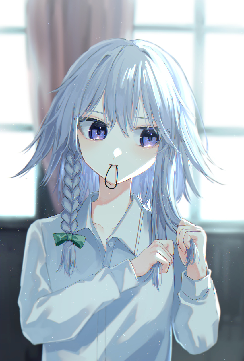 1girl absurdres bangs blue_eyes braid collared_shirt curtains dressing green_ribbon hair_between_eyes hair_tie hair_tie_in_mouth hatsu_shiki highres izayoi_sakuya long_sleeves medium_hair mouth_hold partially_unbuttoned ribbon shirt sidelocks single_braid solo touhou tying_hair white_hair white_shirt window