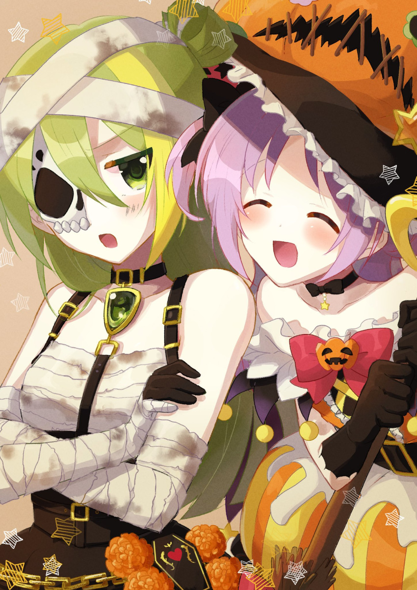 2girls alina_gray alina_gray_(halloween_ver.) bandaged_arm bandages blush bubble_skirt chain choker frills green_eyes green_hair halloween halloween_costume hat highres magia_record:_mahou_shoujo_madoka_magica_gaiden magical_girl mahou_shoujo_madoka_magica mask_over_one_eye misono_karin misono_karin_(halloween_ver.) multicolored_clothes multiple_girls official_alternate_costume open_mouth pumpkin purple_hair ribbon sarashi skirt smile star_(symbol) yumekogome