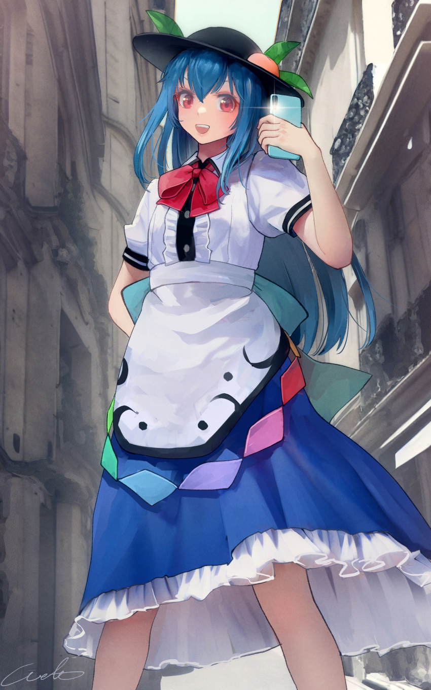 1girl absurdres black_headwear blue_hair blue_skirt blush buttons cellphone center_frills collared_shirt feet_out_of_frame food food-themed_hat_ornament frills fruit fruit_hat_ornament hair_between_eyes hat hat_ornament highres hinanawi_tenshi holding holding_phone long_hair open_mouth peach phone puffy_short_sleeves puffy_sleeves rainbow_order red_eyes shirt short_sleeves signature skirt smartphone smile solo touhou welt_(kinsei_koutenkyoku) white_shirt