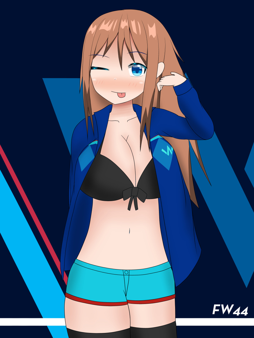 1girl absurdres bangs black_bra blue_eyes blue_jacket blue_shorts bra breasts brown_hair formula_one highres jacket large_breasts long_hair navel one_eye_closed personification shorts tongue tongue_out underwear williams_racing