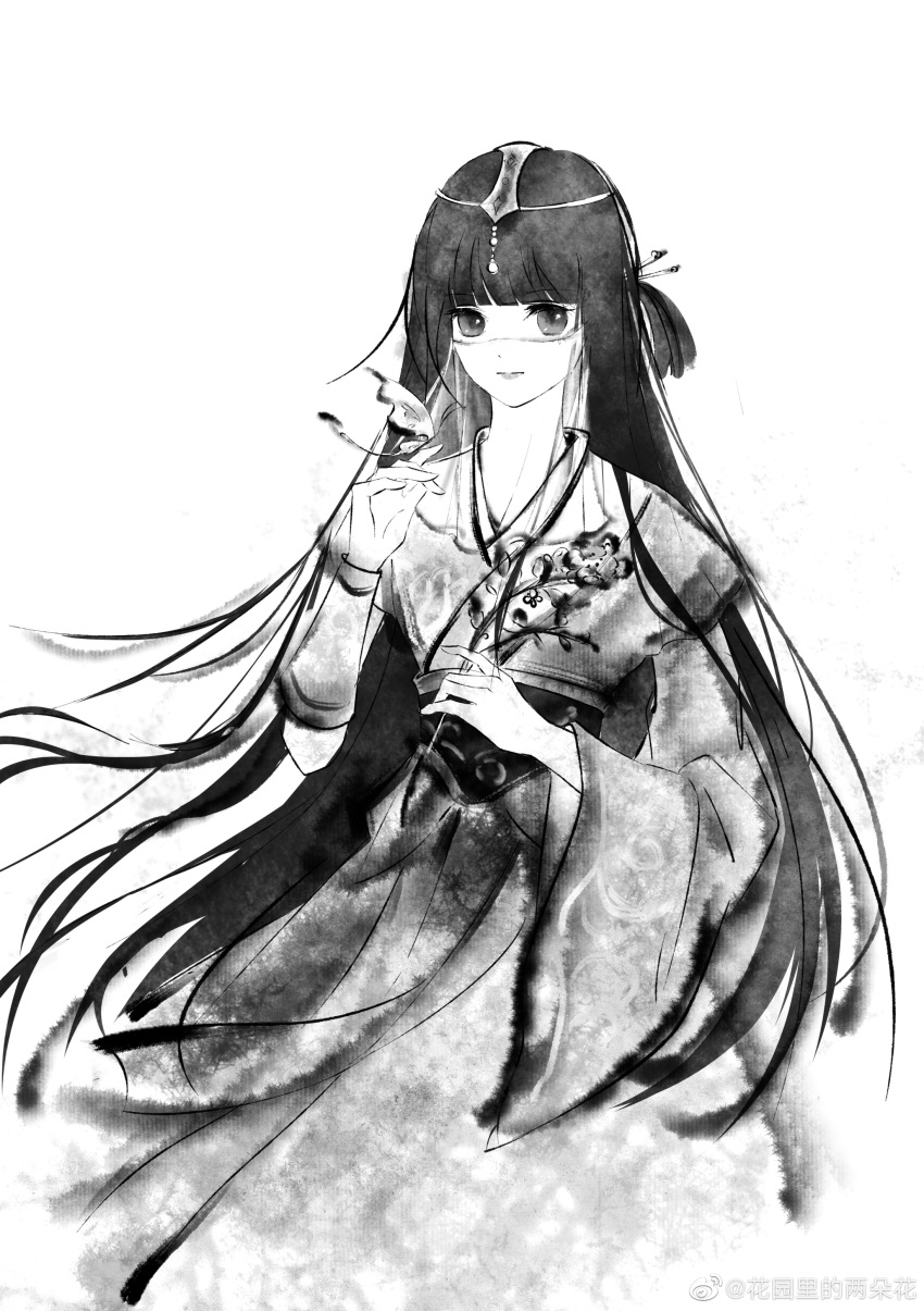 1girl absurdres asymmetrical_sleeves bug butterfly closed_mouth expressionless greyscale highres holding holding_plant huayuan_li_de_liang_duo_hua ink_(medium) long_hair looking_at_viewer monochrome needle plant qin_shi_ming_yue shao_siming_(qin_shi_ming_yue) solo traditional_media upper_body veil white_background