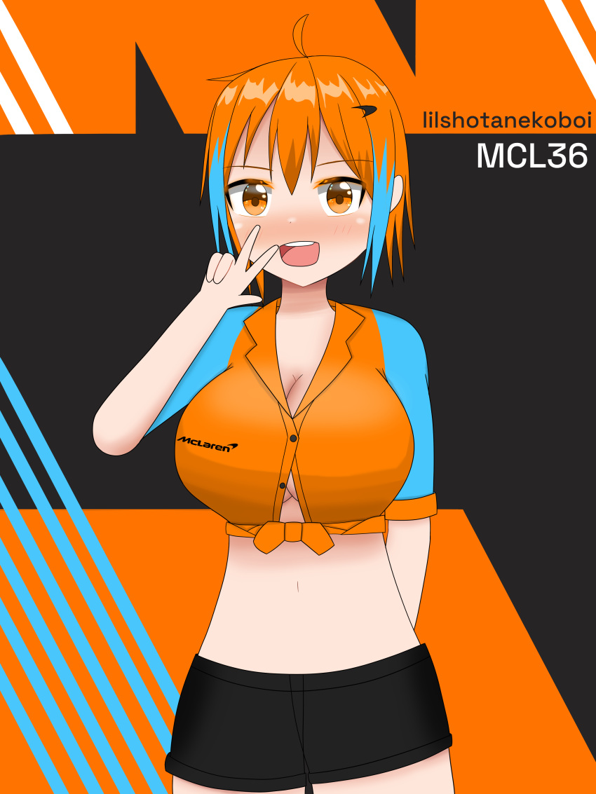 1girl absurdres artist_name black_shorts blue_sleeves breasts formula_one highres large_breasts mclaren multicolored_clothes multicolored_hair navel orange_eyes orange_hair orange_shirt personification shirt short_hair short_sleeves shorts v