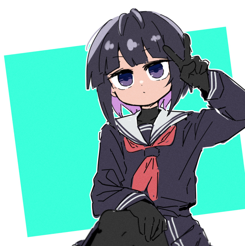 1girl arm_up bangs black_gloves black_hair black_pantyhose closed_mouth colored_inner_hair covered_collarbone double_horizontal_stripe gloves hand_on_own_thigh idolmaster idolmaster_cinderella_girls long_sleeves miniskirt multicolored_hair neckerchief pantyhose pleated_skirt purple_hair purple_shirt purple_skirt red_neckerchief sailor_collar sasaki_rindou school_uniform serafuku shirayuki_chiyo shirt short_hair skirt solo two-tone_hair v violet_eyes white_sailor_collar