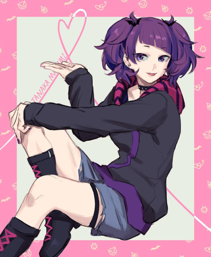 1girl bat_hair_ornament black_footwear black_jacket blue_shorts boots character_name collar cross-laced_footwear ear_piercing hair_ornament hand_on_own_knee highres hood hood_down hooded_jacket idolmaster idolmaster_shiny_colors jacket jichi long_sleeves looking_at_viewer piercing purple_hair shorts solo tanaka_mamimi thigh_strap tongue tongue_out twintails violet_eyes