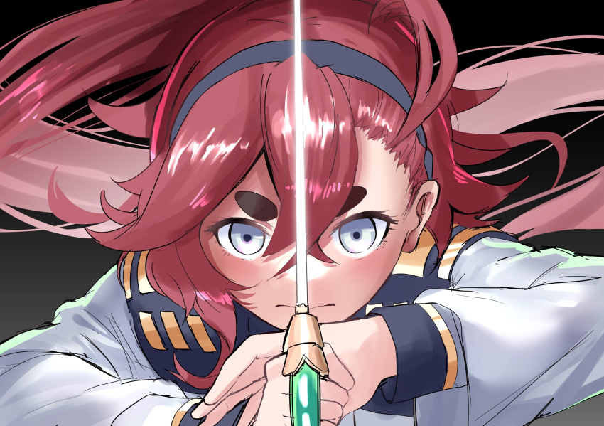 1girl black_background black_hairband glowing glowing_sword glowing_weapon gradient gradient_background grey_eyes gundam gundam_suisei_no_majo hair_behind_ear hairband highres holding holding_sword holding_weapon long_hair looking_at_viewer low-tied_long_hair low_ponytail makeoshimi parody rapier redhead shoujo_kakumei_utena single_sidelock sketch solo suletta_mercury sword thick_eyebrows weapon