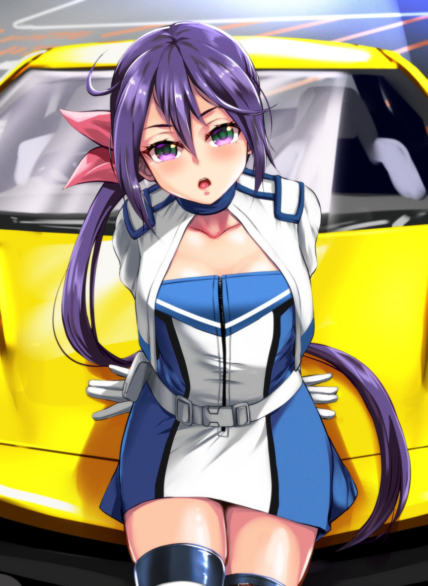 1girl absurdres akebono_(kancolle) bell black_thighhighs car cowboy_shot dress flower gloves ground_vehicle hair_bell hair_flower hair_ornament highres jacket jingle_bell kantai_collection long_hair looking_at_viewer motor_vehicle on_vehicle purple_hair racequeen short_dress side_ponytail solo strapless strapless_dress thigh-highs vehicle_request very_long_hair violet_eyes white_gloves white_jacket yellow_quokka