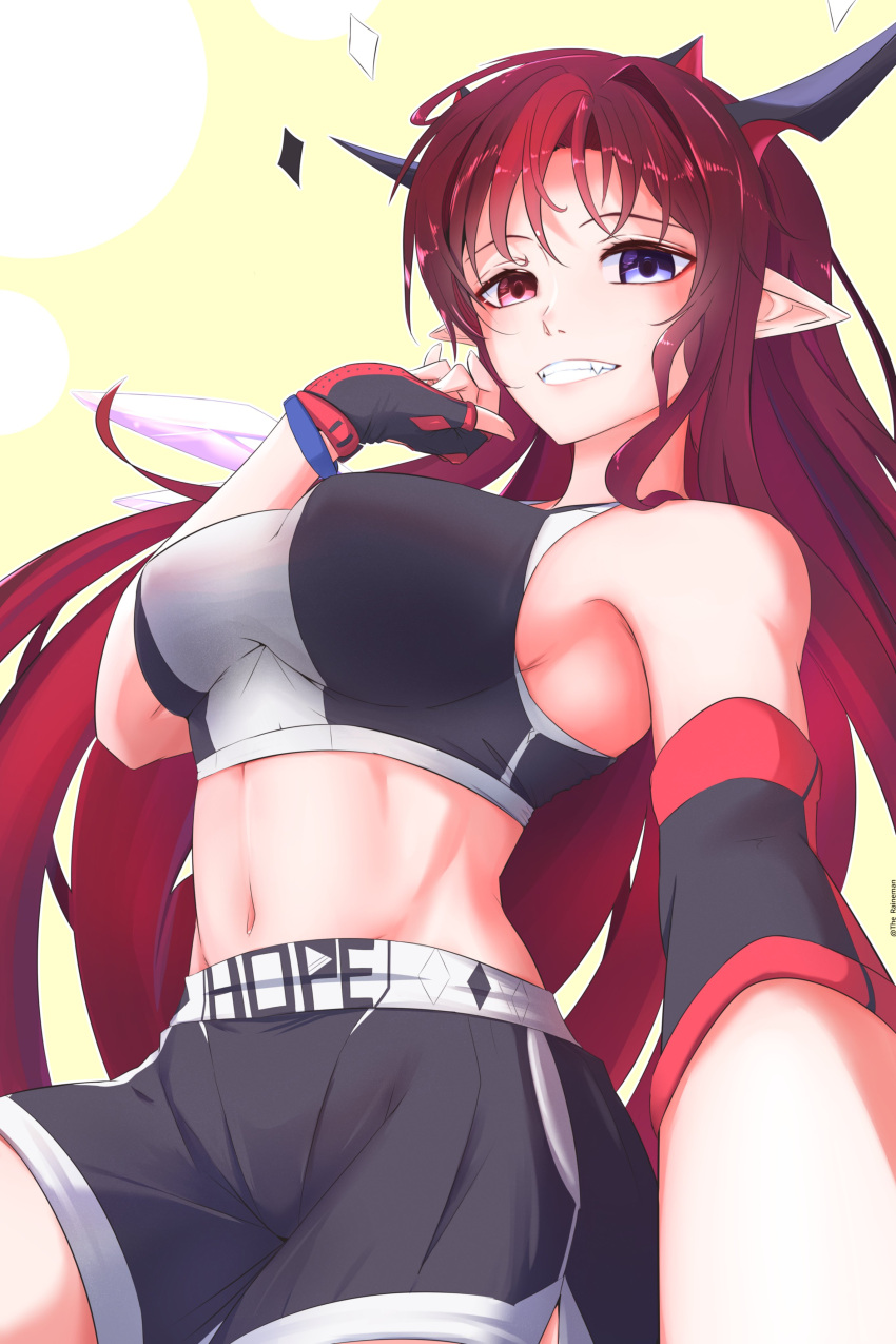 1girl absurdres bangs blue_eyes fingerless_gloves gloves gym_shorts heterochromia highres hololive hololive_english horns irys_(hololive) long_hair looking_at_viewer midriff multicolored_hair navel pointy_ears purple_hair redhead selfie short_shorts shorts smile solo sports_bra the_raineman virtual_youtuber
