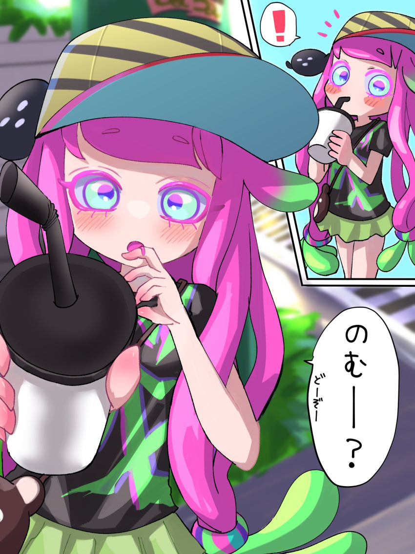 1girl 1other baseball_cap bendy_straw black_shirt blue_eyes blush clownfish commentary_request cup drinking drinking_straw drooling gradient_hair green_hair green_skirt harmony's_clownfish_(splatoon) harmony_(splatoon) hat highres long_hair looking_at_viewer low-tied_long_hair miniskirt multicolored_hair open_mouth outstretched_arm pink_hair shirt short_sleeves skirt splatoon_(series) splatoon_3 striped striped_headwear t-shirt tama_nya tentacle_hair translation_request twintails two-tone_hair