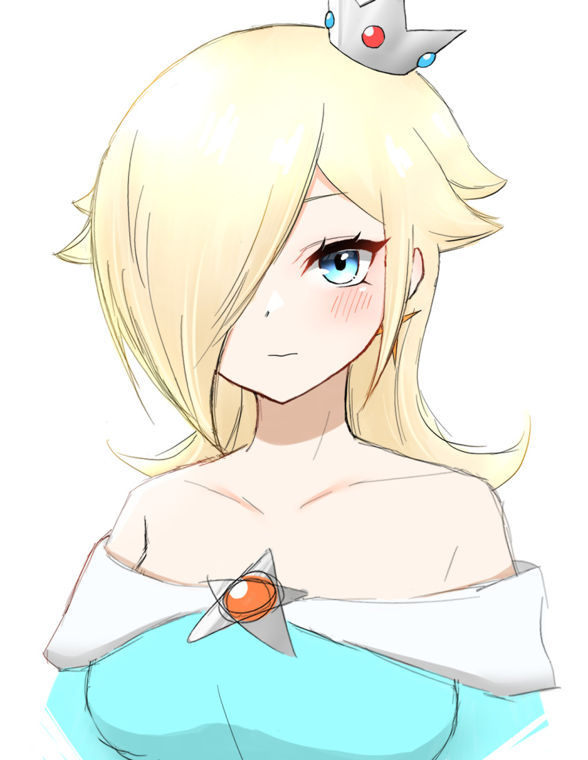 1girl aqua_eyes bare_shoulders blonde_hair blue_dress blush brooch closed_mouth crown dress earrings hair_ornament highres jewelry long_hair looking_at_viewer rosalina shiny shiny_hair solo super_mario_bros. super_mario_galaxy super_mario_galaxy_2 super_smash_bros. tomatomiya upper_body