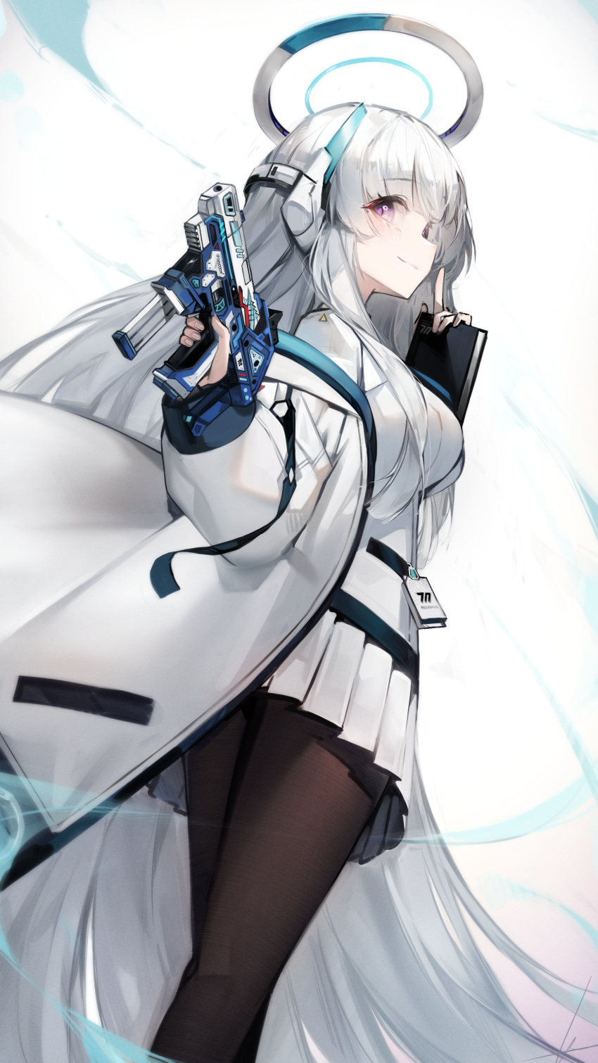 1girl absurdres bangs black_pantyhose blue_archive blunt_bangs breasts closed_mouth feet_out_of_frame formal gun halo handgun headphones highres holding holding_gun holding_weapon id_card jacket libiadan light_blush long_hair looking_at_viewer miniskirt noa_(blue_archive) notebook off_shoulder open_clothes open_jacket pantyhose pleated_skirt sidelocks skirt solo suit two-sided_fabric two-sided_jacket very_long_hair violet_eyes weapon white_background white_hair white_jacket white_skirt white_suit