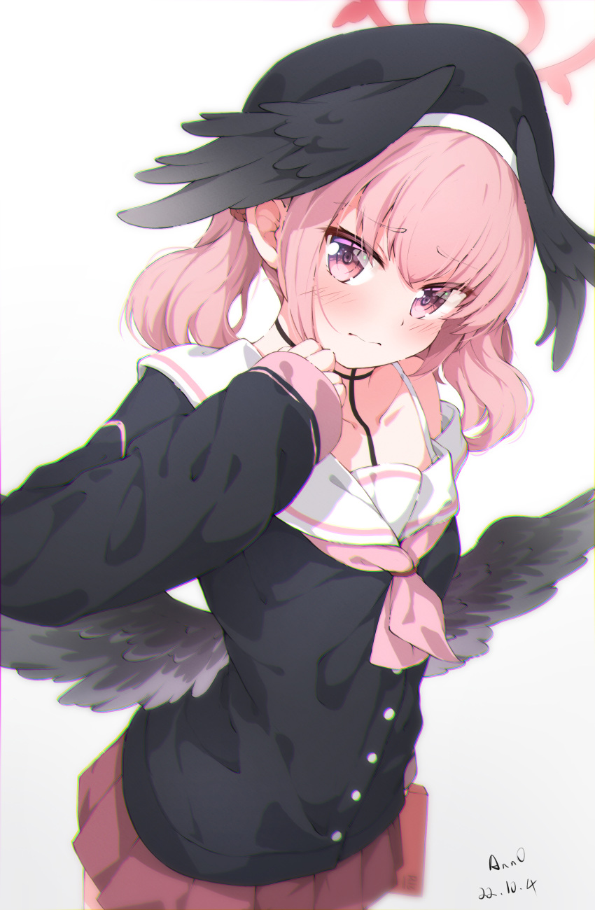 1girl absurdres anno_(yukikaze_08) bangs beret black_feathers black_headwear black_shirt black_wings blue_archive blush collarbone feathered_wings feathers halo hat head_wings highres koharu_(blue_archive) long_hair long_sleeves looking_at_viewer low_wings neckerchief off_shoulder pink_eyes pink_hair pink_neckerchief pleated_skirt purple_skirt sailor_collar shirt skirt solo twintails white_sailor_collar wings