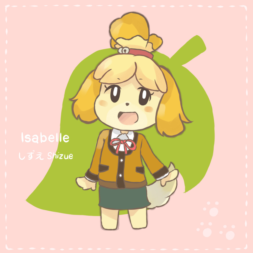 1girl animal_crossing blonde_hair bow character_name chocomiru commentary dog_girl english_commentary full_body green_skirt isabelle_(animal_crossing) looking_at_viewer paw_print paw_print_background personification red_bow skirt smile solo tail yellow_fur