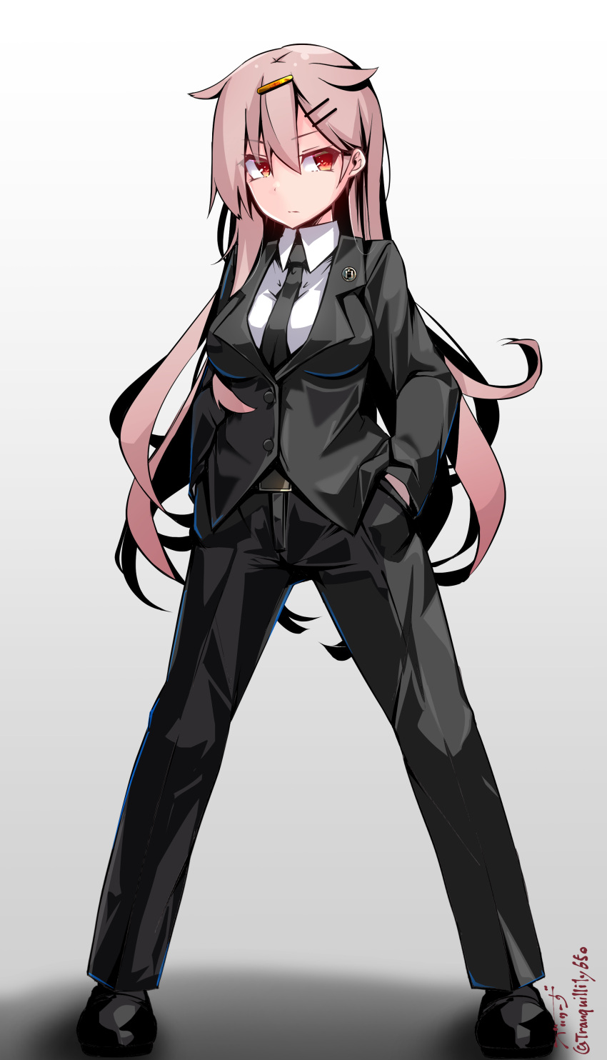 1girl absurdres alternate_costume artist_name baileys_(tranquillity650) black_footwear black_necktie black_pants blonde_hair closed_mouth collared_shirt full_body hair_between_eyes hair_flaps hair_ornament hairclip hands_in_pockets highres kantai_collection long_hair long_sleeves necktie pants red_eyes shirt shoes signature solo standing twitter_username white_shirt yuudachi_(kancolle) yuudachi_kai_ni_(kancolle)
