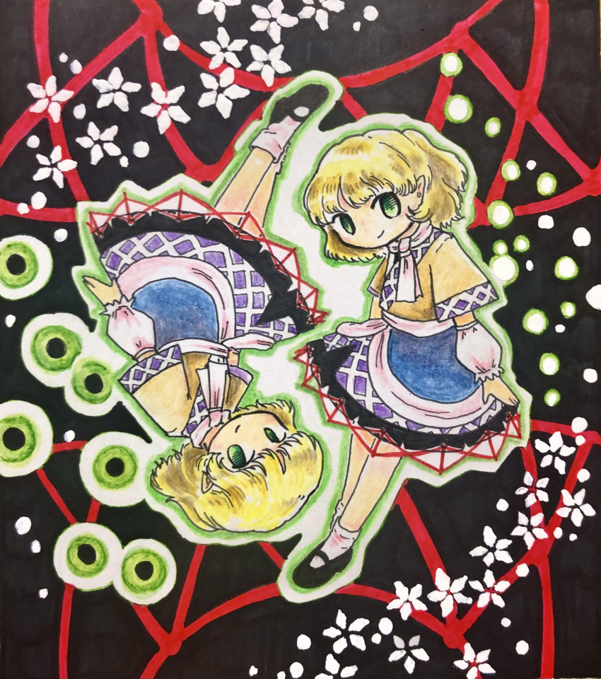 1girl 2girls absurdres arm_warmers black_footwear blonde_hair blue_skirt closed_mouth commentary danmaku dual_persona full_body green_eyes highres layered_skirt looking_at_viewer marker_(medium) mary_janes matsumoto_oka mizuhashi_parsee multiple_girls pointy_ears purple_skirt rotational_symmetry scarf shirt shoes short_hair short_sleeves skirt smile socks solo touhou traditional_media white_scarf white_socks yellow_shirt