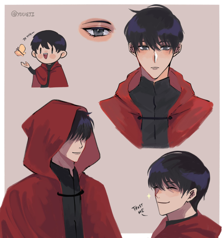 1boy artist_name black_hair black_shirt blush border bug butterfly chibi cloak closed_eyes closed_mouth dok-ja_kim english_commentary english_text frown grey_eyes hair_between_eyes hair_over_eyes highres hood hood_down hood_up hooded_cloak is_this_a_pigeon_(meme) long_sleeves looking_at_viewer male_focus meme mixed-language_commentary multiple_views omniscient_reader's_viewpoint open_mouth pink_background red_cloak shirt short_hair simple_background smile upper_body vietnamese_commentary white_border yellow_butterfly yuugji