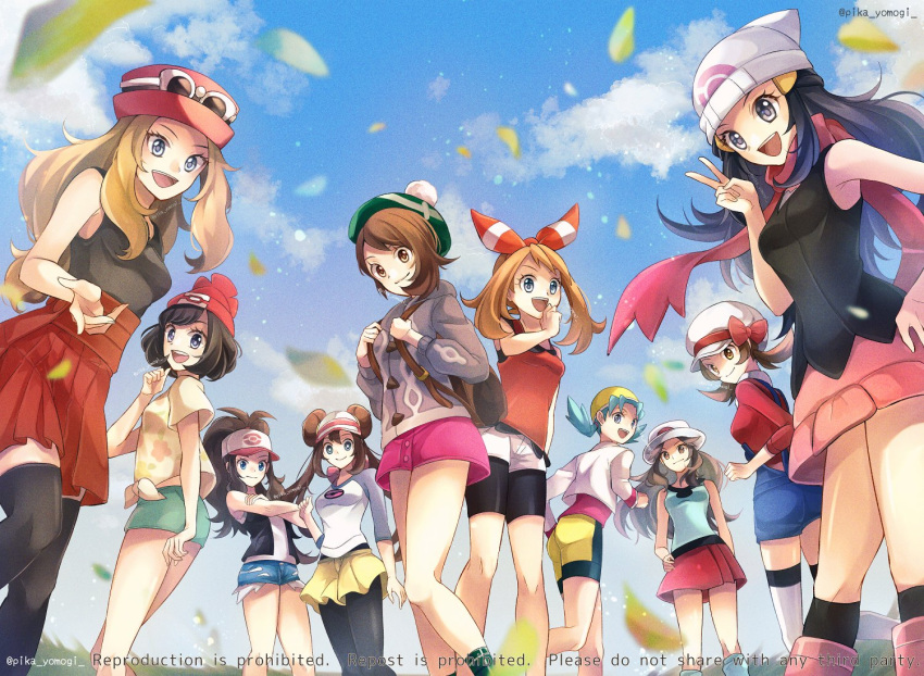 6+girls :d backpack bag bandana bare_legs baseball_cap beanie bike_shorts bike_shorts_under_shorts black_pantyhose black_shirt black_thighhighs black_vest blue_eyes blue_overalls blue_shirt blue_sky blurry blurry_foreground bow bow_hairband breasts brown_bag brown_hair buttons cabbie_hat cable_knit cardigan closed_mouth commentary_request crossed_arms cutoffs day denim denim_shorts double_bun doughnut_hair_bun dress eyewear_on_headwear from_below gloria_(pokemon) green_headwear green_socks grey_cardigan hair_bun hair_ornament hairband hairclip hand_on_hip hand_up hands_up happy hat hat_bow high-waist_skirt high_ponytail hikari_(pokemon) hilda_(pokemon) holding_strap hood hood_down hooded_cardigan jacket kneehighs kris_(pokemon) leaf_(pokemon) long_hair long_sleeves looking_at_viewer looking_back looking_down lyra_(pokemon) may_(pokemon) multiple_girls open_mouth outdoors overalls pantyhose pink_dress pink_headwear pink_shirt pink_skirt pleated_skirt poke_ball_print pokemon pokemon_(game) pokemon_bw pokemon_bw2 pokemon_dppt pokemon_frlg pokemon_gsc pokemon_hgss pokemon_sm pokemon_swsh pokemon_xy raglan_sleeves red_bow red_scarf red_shirt red_skirt rosa_(pokemon) scarf selene_(pokemon) serena_(pokemon) shirt short_dress short_hair short_shorts shorts single_hair_bun skirt sky sleeveless sleeveless_shirt smile socks standing sunglasses tam_o'_shanter thigh-highs twintails twitter_username v very_long_hair vest visor_cap white-framed_eyewear white_headwear white_jacket white_shirt white_shorts white_socks white_thighhighs yellow_headwear yellow_shorts yomogi_(black-elf)