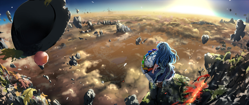 1girl above_clouds apron black_headwear blue_hair blue_skirt cliff clouds cloudy_sky dawn floating_rock food from_behind fruit hat hat_loss hat_removed headwear_removed highres hinanawi_tenshi long_hair outdoors peach planted planted_sword scenery short_sleeves skirt sky solo sun suna_(s73d) sword sword_of_hisou touhou weapon white_apron wide_shot