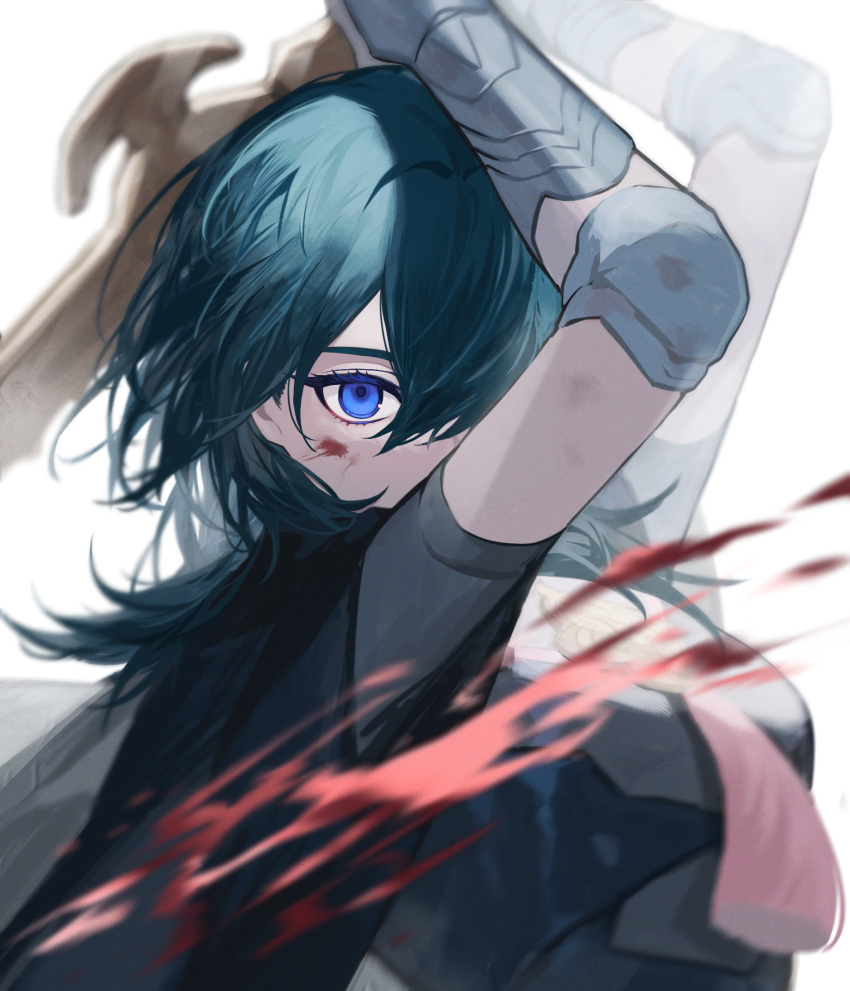 1girl armor bangs black_coat blood blood_on_face blue_eyes blue_hair breasts byleth_(fire_emblem) byleth_eisner_(female) coat fire_emblem fire_emblem:_three_houses hair_between_eyes highres holding holding_sword holding_weapon itou_(very_ito) large_breasts long_sleeves looking_at_viewer medium_hair solo standing sword sword_of_the_creator weapon