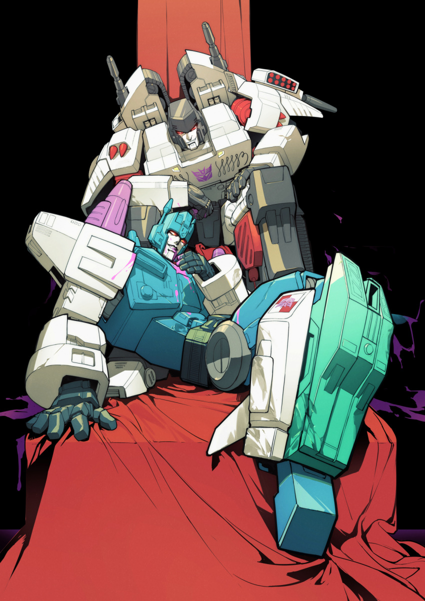 decepticon energon hand_on_own_thigh head_tilt highres leaning_forward lying mecha megatron megatron_(idw) missile_pod on_back overlord_(transformers) red_eyes robot science_fiction sitting smile the_transformers_(idw) transformers vetania