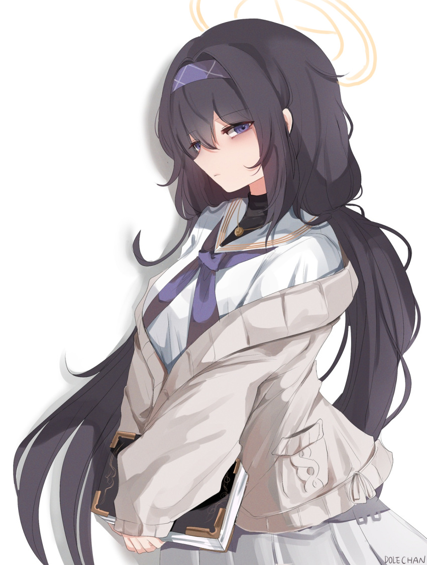 1girl bags_under_eyes black_bodysuit black_hair blue_archive bodysuit book cardigan dolechan halo highres holding holding_book long_hair looking_at_viewer school_uniform serafuku simple_background skirt solo twintails ui_(blue_archive) very_long_hair violet_eyes white_background white_cardigan white_serafuku white_skirt