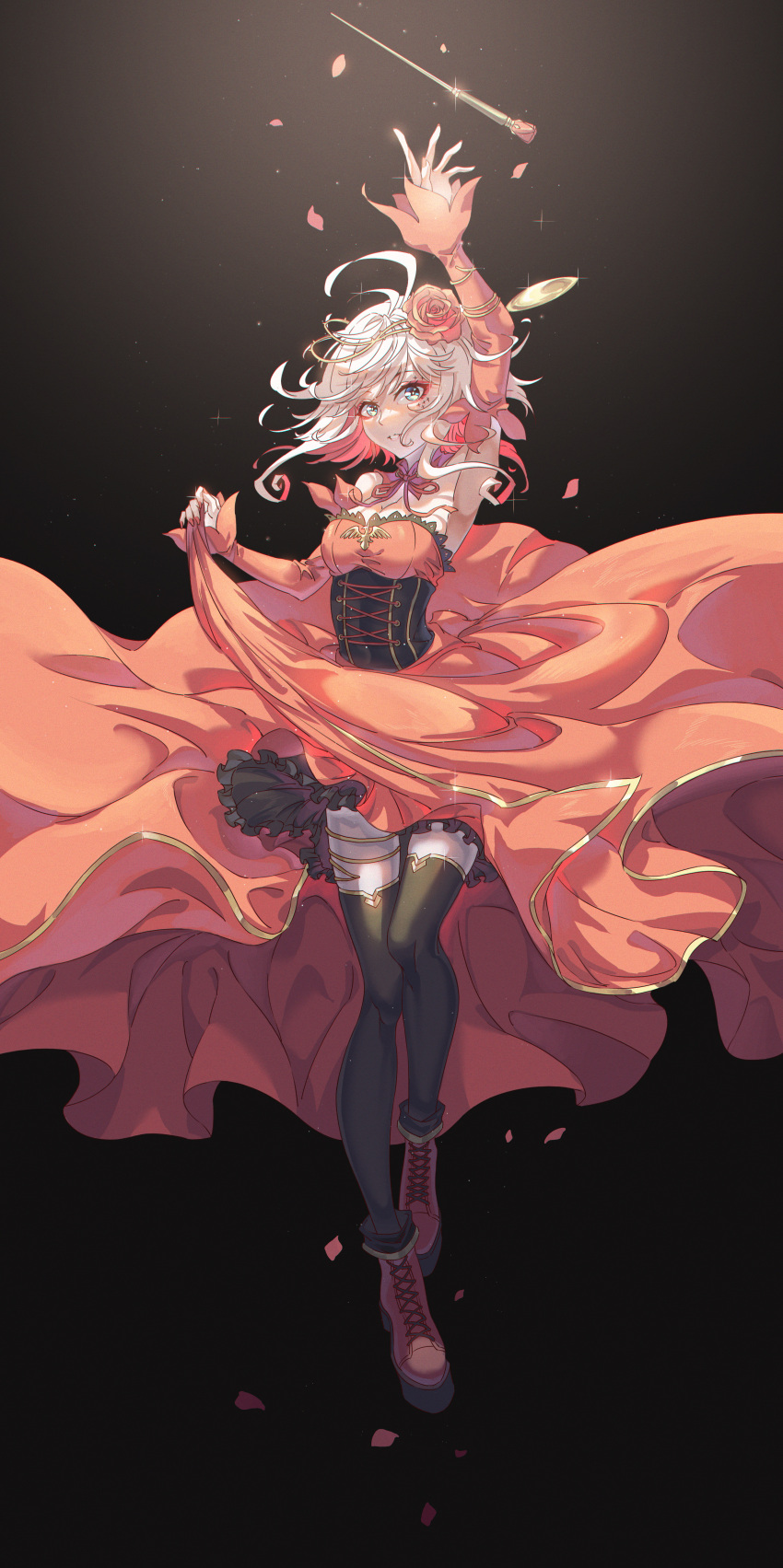 1girl absurdres arm_up armpits black_background black_thighhighs blue_eyes destiny_(takt_op.) detached_sleeves dress floating_hair flower full_body hair_flower hair_ornament highres innoarukugyou layered_dress long_hair long_sleeves multicolored_hair parted_lips petals red_dress red_flower red_footwear red_rose red_sleeves redhead rose solo sparkle strapless strapless_dress takt_op._destiny thigh-highs thighlet two-tone_hair underbust white_hair