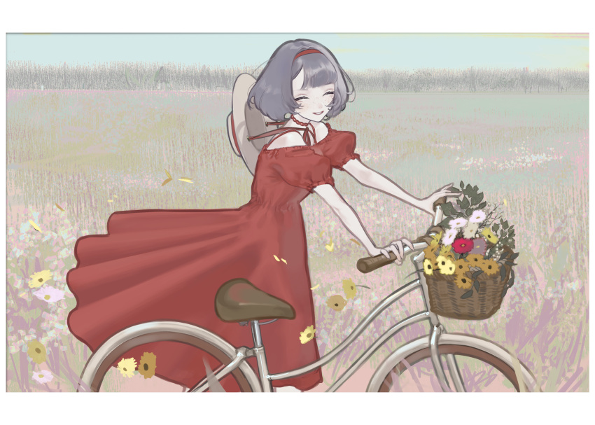 1girl absurdres bangs bicycle bicycle_basket blunt_bangs choker closed_eyes daisy dress flower flower_basket freckles grey_hair grin ground_vehicle hat hat_around_neck hat_ribbon headband highres horizon leaf mallllma off-shoulder_dress off_shoulder original outdoors parted_lips puffy_short_sleeves puffy_sleeves pushing_bicycle red_choker red_dress red_flower red_headband red_ribbon ribbon short_hair short_sleeves sky smile solo spaghetti_strap sun_hat white_flower wind wind_lift yellow_flower