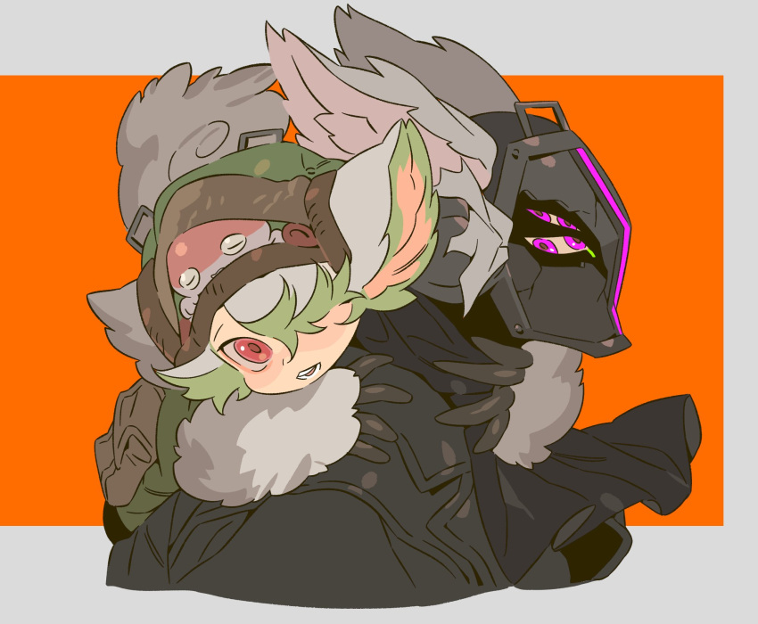 1boy 1girl alternate_form animal_ears ascot black_ascot black_coat body_fur bondrewd carrying chinese_commentary claws coat collared_coat creature creature_on_head extra_eyes green_fur green_headwear grey_fur hair_over_one_eye helm helmet highres looking_at_viewer made_in_abyss meinya_(made_in_abyss) mgong520 open_mouth orange_background piggyback pink_eyes prushka red_eyes simple_background tail upper_body