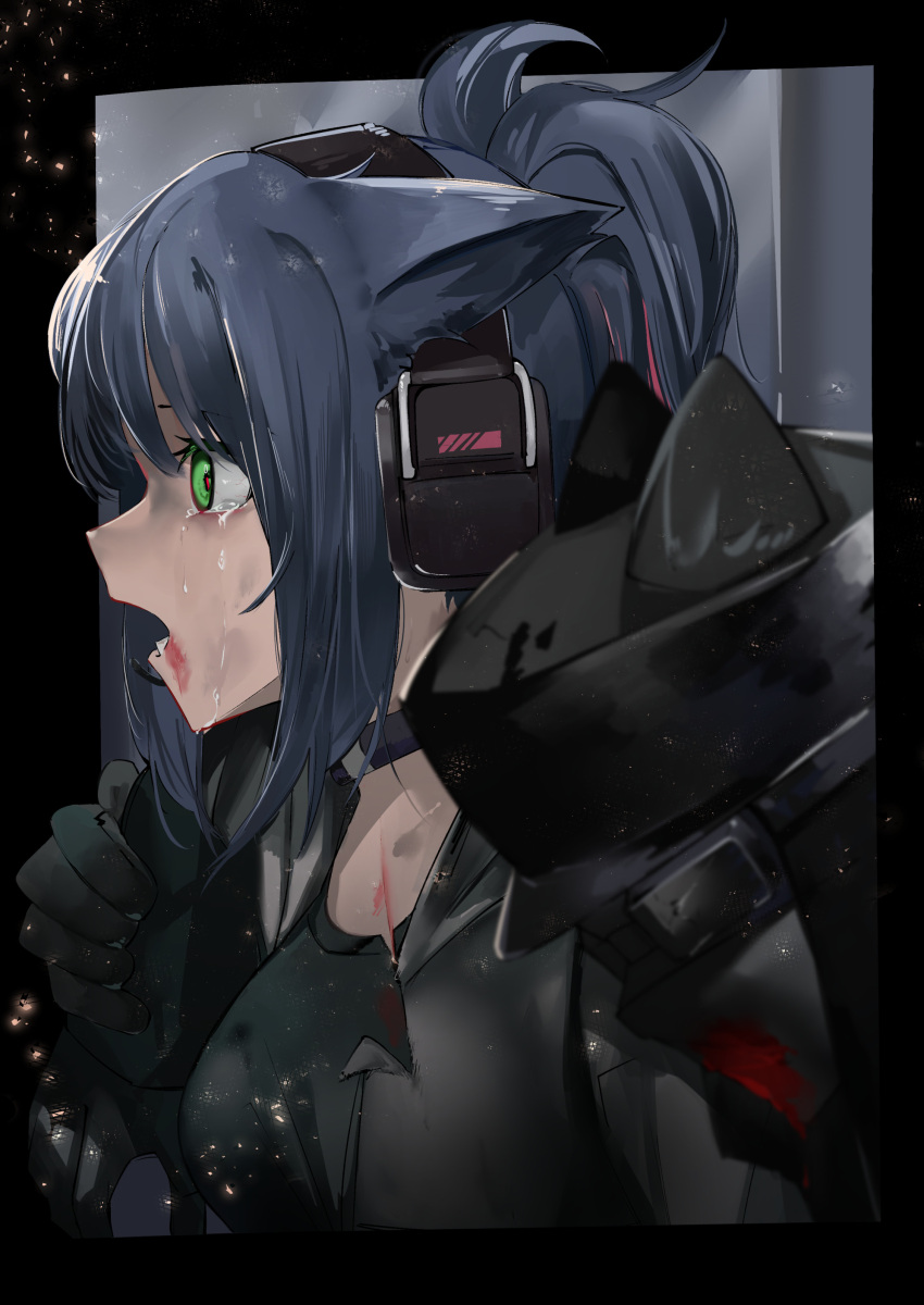 1girl 1other absurdres ambiguous_gender animal_ears ao_oni_(onioni-aoi) arknights black_border black_gloves black_jacket black_shirt blood blood_on_face blue_hair border cat_ears cat_tail crying crying_with_eyes_open gloves green_eyes headphones highres implied_extra_ears jacket jessica_(arknights) jessica_(ash)_(arknights) lower_teeth multicolored_hair official_alternate_costume open_clothes open_jacket open_mouth outside_border pink_hair ponytail profile shirt streaked_hair tail tears teeth upper_body