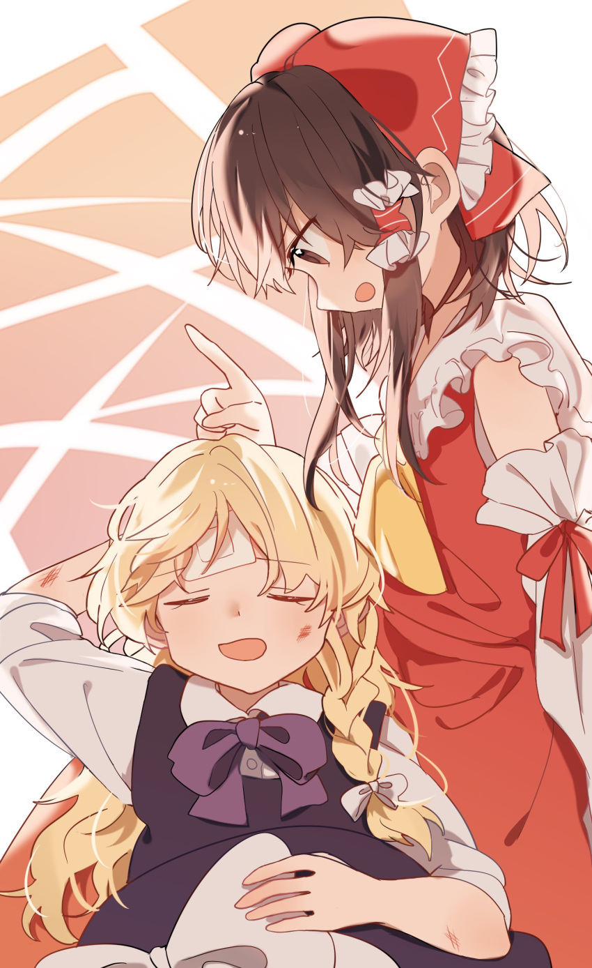 2girls absurdres arm_behind_head bandaid bandaid_on_face bandaid_on_forehead black_vest blonde_hair bow bowtie braid brown_hair bruise commentary_request detached_sleeves dress frilled_bow frilled_hair_tubes frills hair_bow hair_tubes hakurei_reimu hat hat_bow headwear_removed highres index_finger_raised injury kirisame_marisa kosencya lap_pillow long_hair lying multiple_girls nontraditional_miko on_back open_mouth purple_bow purple_bowtie red_bow red_dress shirt short_hair_with_long_locks touhou vest white_bow white_shirt