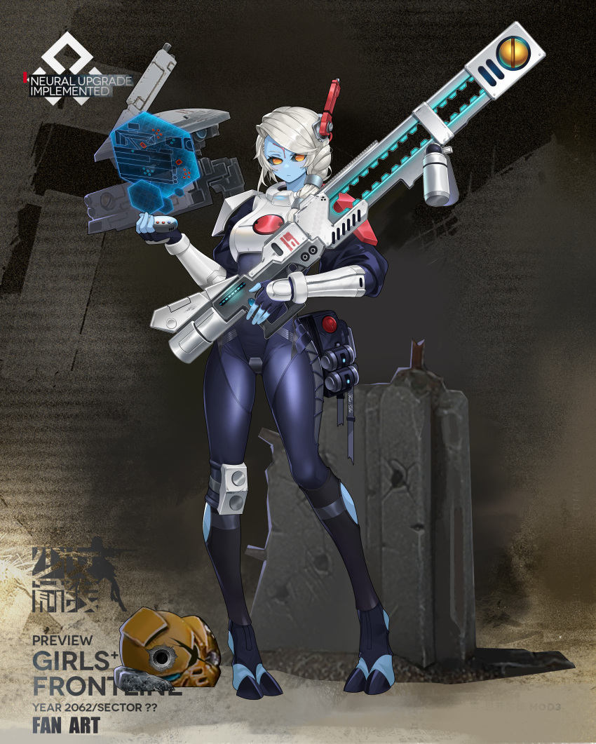 1girl absurdres armor black_sclera blue_skin bodysuit broken_helmet colored_sclera colored_skin commentary_request digitigrade drone english_text fingerless_gloves full_body girls_frontline gloves gun highres holding holding_gun holding_weapon holographic_interface hooves looking_at_viewer moonface no_pupils orange_eyes rifle skin_tight solo stirrup_legwear t'au toeless_legwear warhammer_40k weapon white_hair
