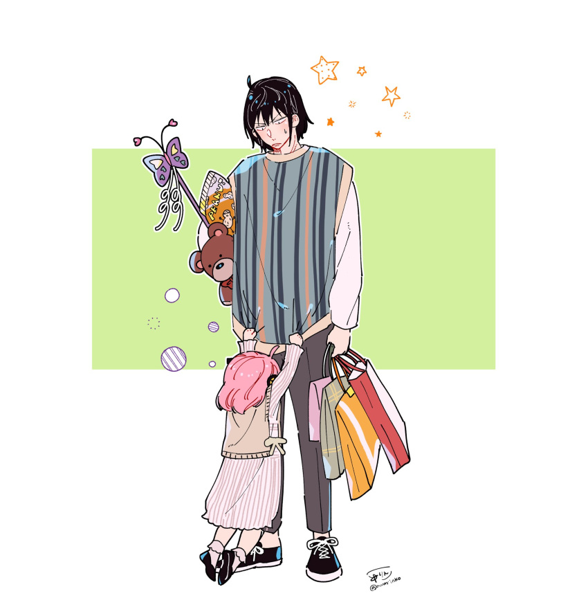 1boy 1girl ahoge anya_(spy_x_family) awarinko bag bangs black_footwear black_hair bobby_socks closed_mouth commentary_request female_child hairpods height_difference highres holding holding_bag horn_ornament horns hug peanut pink_hair shoes shopping_bag short_hair signature sneakers socks spy_x_family standing star_(symbol) stuffed_animal stuffed_toy sweatdrop teddy_bear twitter_username uncle_and_niece v-shaped_eyebrows yuri_briar