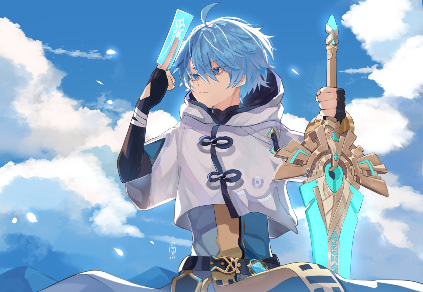 1boy alvarichie black_gloves blue_eyes blue_hair card chinese_clothes chongyun_(genshin_impact) claymore_(sword) fingerless_gloves genshin_impact gloves hair_between_eyes highres holding holding_weapon hood hoodie long_sleeves male_focus short_hair sky weapon