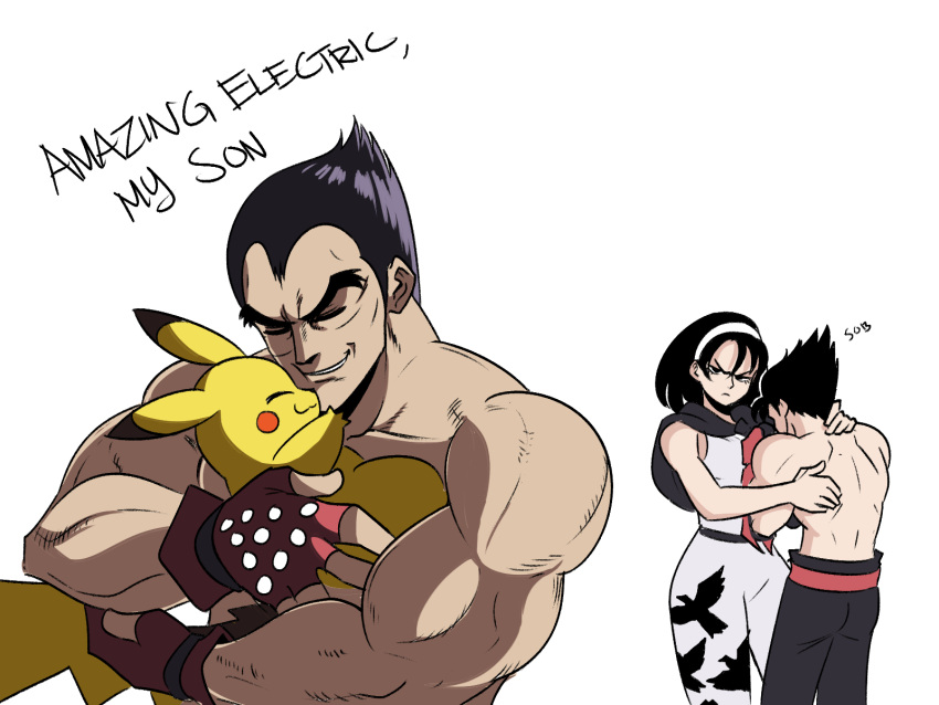 1girl 2boys black_eyes black_hair crossover english_text fingerless_gloves frown gloves hairband highres kazama_jin kazama_jun mishima_kazuya mother_and_son multiple_boys muscular muscular_male pikachu pokemon pokemon_(creature) smile tekken tekken_2 tekken_3 tina_fate topless_male v-shaped_eyebrows white_hairband