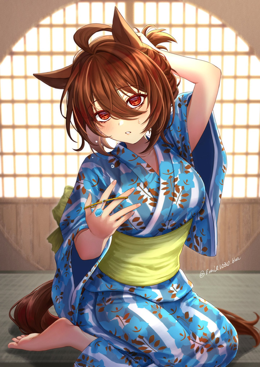 1girl agnes_tachyon_(umamusume) ahoge animal_ears barefoot blush brown_eyes brown_hair commentary_request emil1030_blue highres horse_ears horse_girl horse_tail indoors japanese_clothes kimono looking_at_viewer obi parted_lips sash short_hair sitting solo tail twitter_username tying_hair umamusume wariza yukata