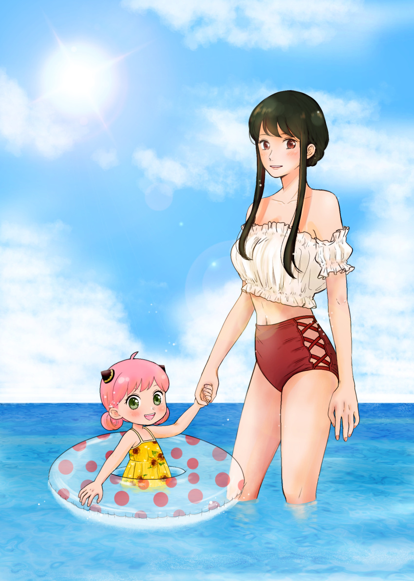 2girls ahoge alternate_hairstyle anya_(spy_x_family) anya_forger bikini black_hair blush casual_one-piece_swimsuit child clouds cloverworks cute datsuko_(dattsun12) floral_print green_eyes holding_hands innertube long_hair looking_at_viewer mother_and_daughter navel ocean one-piece_swimsuit outdoors partially_submerged pink_hair polka_dot polka_dot_print red_bikini_bottom red_eyes shueisha sky smile spy_x_family summer sunflower_print sunlight swim_ring swimsuit upper_teeth water white_bikini_top wit_studio yor_briar young_adult