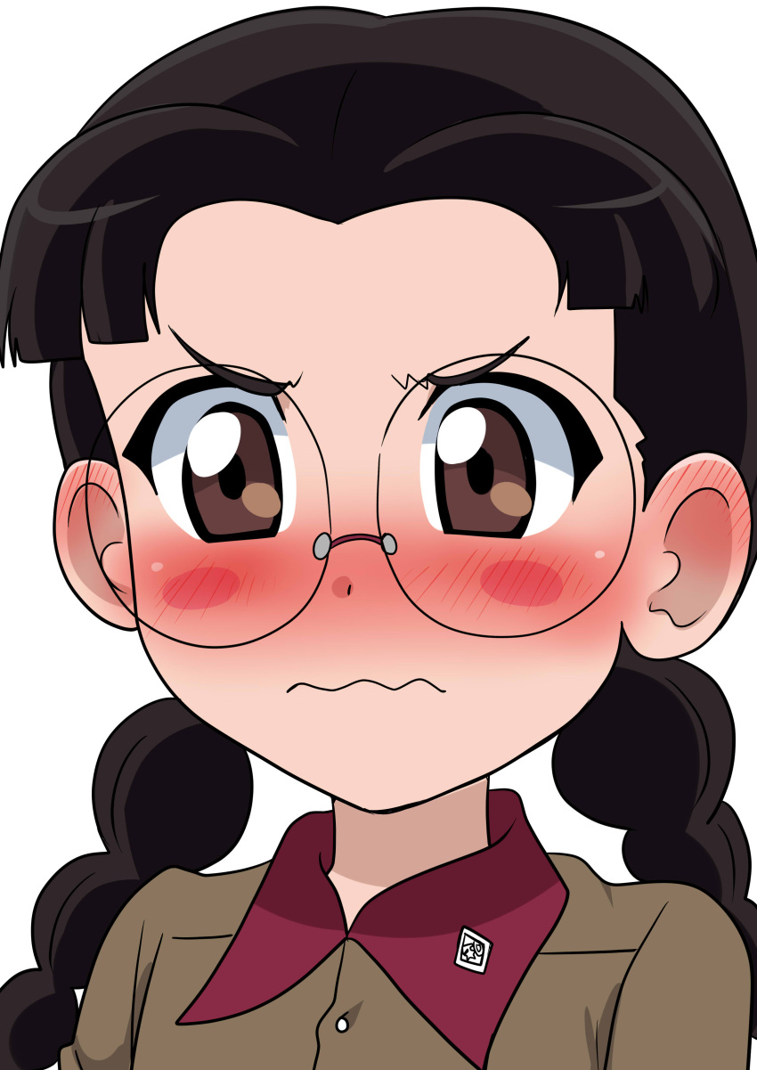 1girl absurdres angry black_hair blush blush_stickers braid brown_eyes brown_jacket chi-hatan_military_uniform closed_mouth commentary_request frown fukuda_haru girls_und_panzer glasses highres jacket long_hair looking_at_viewer low_twin_braids low_twintails military military_uniform portrait rimless_eyewear round_eyewear simple_background solo twin_braids twintails uniform wakku_kan wavy_mouth white_background