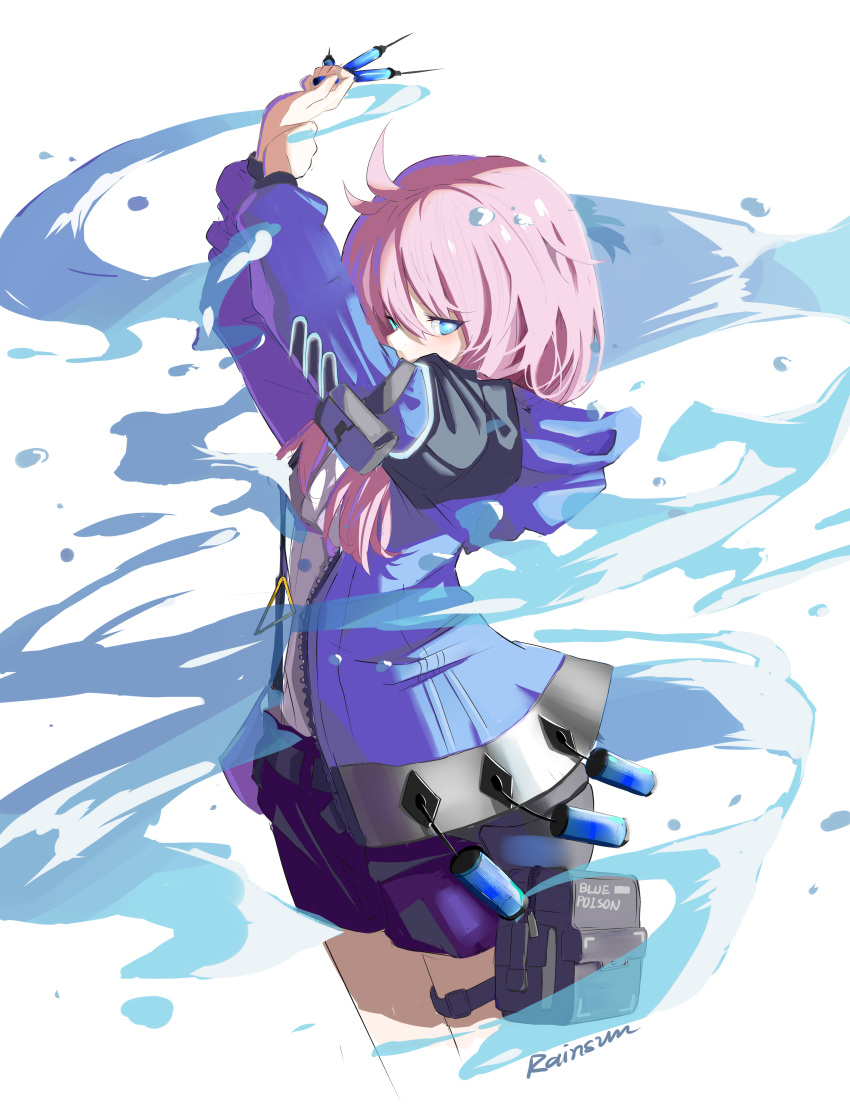 1girl absurdres ant arknights arms_up artist_name bangs black_shorts blue_eyes blue_jacket blue_poison_(arknights) blush bug cowboy_shot highres holding holding_syringe hood hood_down jacket long_hair long_sleeves looking_at_viewer open_clothes open_jacket pink_hair pouch rainsun shirt shorts simple_background solo syringe water white_background white_shirt