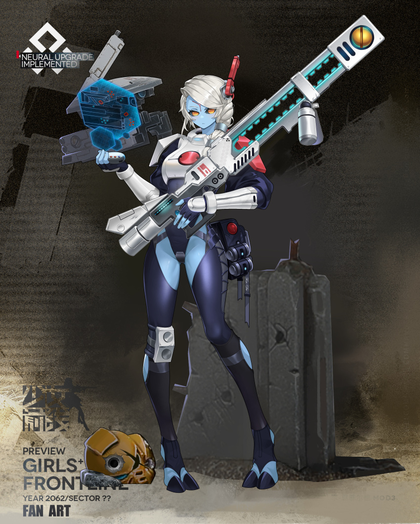 1girl absurdres armor black_sclera blue_skin bodysuit broken_helmet clothing_cutout colored_sclera colored_skin commentary_request digitigrade drone english_text fingerless_gloves full_body girls_frontline gloves gun highres holding holding_gun holding_weapon holographic_interface hooves looking_at_viewer moonface no_pupils orange_eyes rifle skin_tight solo stirrup_legwear t'au thigh_cutout toeless_legwear warhammer_40k weapon white_hair