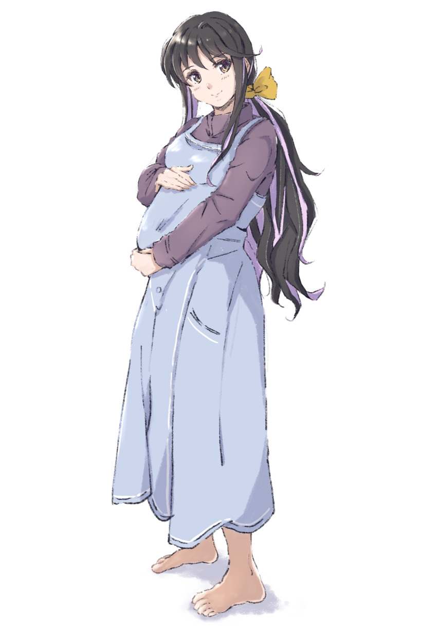 1girl alternate_costume alternate_hairstyle barefoot black_hair blue_dress commentary_request dress highres kantai_collection ld_(luna_dial398) long_hair looking_at_viewer low_ponytail maternity_dress multicolored_hair naganami_(kancolle) pink_hair pregnant purple_sweater simple_background solo sweater two-tone_hair wavy_hair white_background