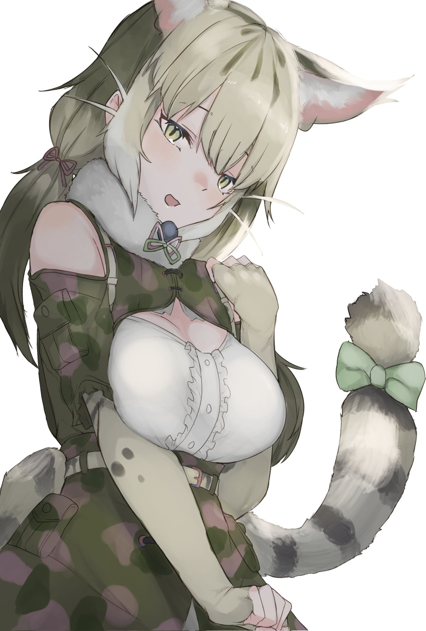 1girl absurdres animal_costume animal_ear_fluff animal_ears bare_shoulders belt breasts cat_ears cat_girl cat_tail elbow_gloves extra_ears fingerless_gloves gloves grey_eyes grey_hair highres jungle_cat_(kemono_friends) kemono_friends kemono_friends_v_project large_breasts long_hair looking_at_viewer microphone multicolored_hair open_mouth ribbon scarf shimahai_love shirt simple_background skirt smile solo suspenders tail twintails virtual_youtuber