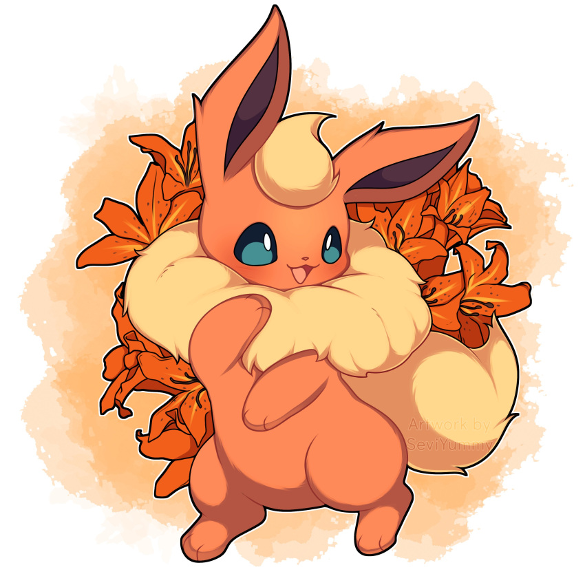 absurdres blue_eyes commentary english_commentary flareon floral_background full_body highres looking_at_viewer no_humans open_mouth pokemon pokemon_(creature) red_fur sevi_(seviyummy) simple_background smile solo symbol-only_commentary tail white_background