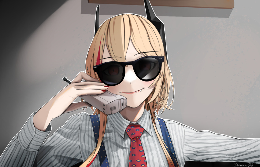 1girl american_psycho blonde_hair closed_mouth collared_shirt commission darkpulsegg girls_frontline glasses hand_up headgear holding holding_phone indoors long_sleeves m4_sopmod_ii_(girls'_frontline) multicolored_hair necktie parody phone pink_hair polka_dot_necktie red_eyes red_necktie scene_reference shirt smile solo streaked_hair striped striped_shirt suspenders tinted_eyewear