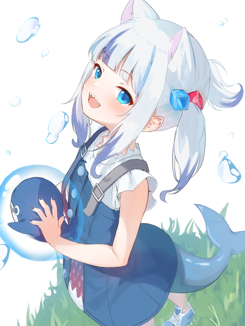 1girl :d absurdres animal_ears bloop_(gawr_gura) blue_eyes blue_hair cat_ears fish_tail gawr_gura highres hololive hololive_english looking_at_viewer medium_hair multicolored_hair open_mouth shark_girl shark_tail sharp_teeth smile streaked_hair tail teeth twintails virtual_youtuber wep16night white_hair