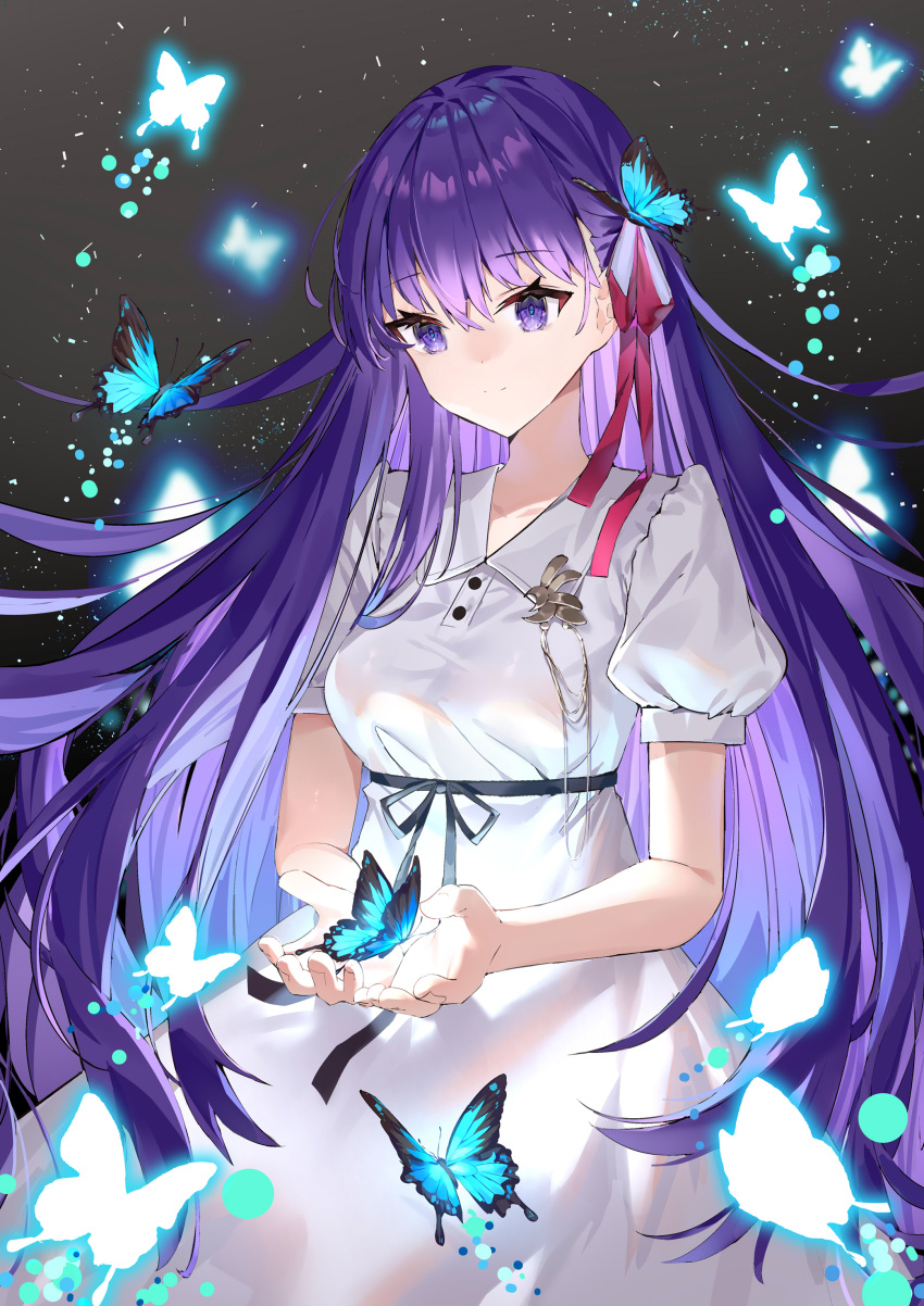 1girl absurdres black_ribbon blue_bow bow breasts buttons closed_mouth collar dress fate/stay_night fate_(series) highres long_dress long_hair matou_sakura medium_breasts pink_ribbon purple_hair ribbon short_sleeves simple_background violet_eyes white_dress yuia