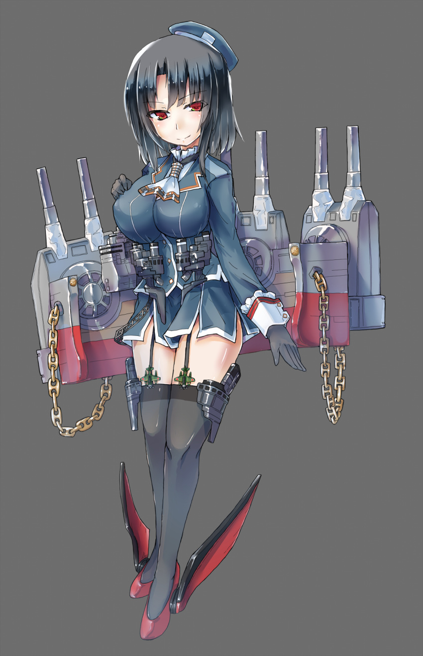 1girl ascot asukakei bangs beret black_gloves black_hair black_thighhighs blue_headwear blue_jacket blue_skirt breasts cannon chain full_body garter_straps gloves grey_background hat highres jacket kantai_collection large_breasts long_sleeves military military_uniform miniskirt parted_bangs pencil_skirt red_eyes rigging short_hair simple_background skirt smile solo takao_(kancolle) thigh-highs turret uniform white_ascot